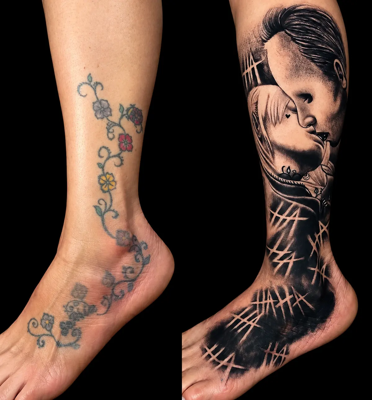Cobertura no tornozelo: tatuagem floral antiga coberta por retrato realista em preto e cinza