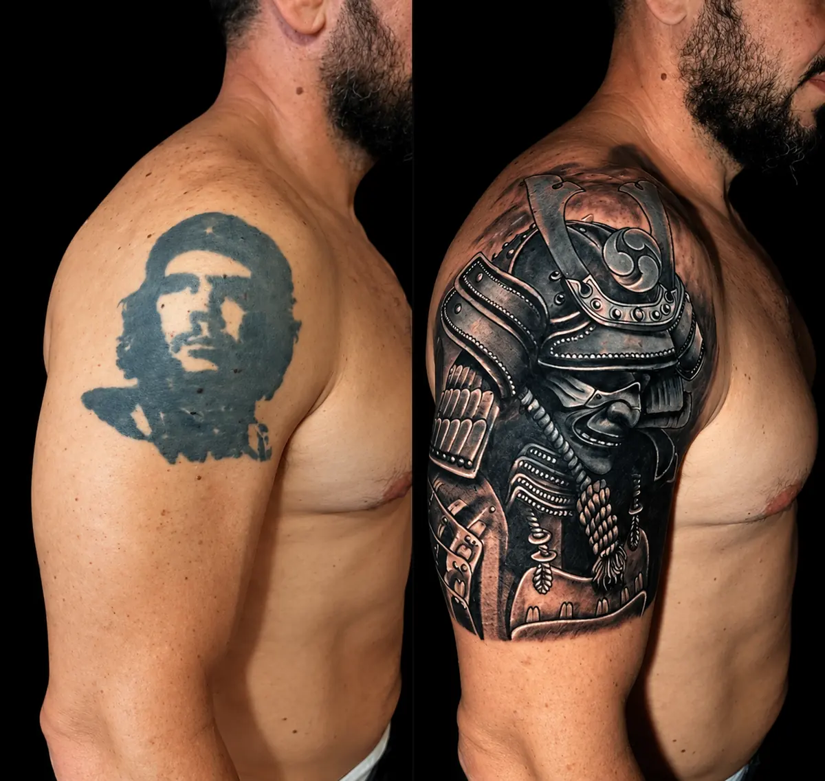 Cobertura no ombro: retrato antigo coberto por samurai em realismo preto e cinza