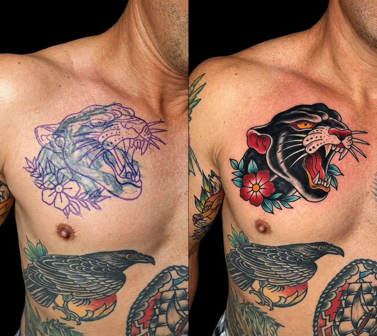 Peito: do estêncil à pantera colorida em old school, feita ao lado de tatuagens que já existiam