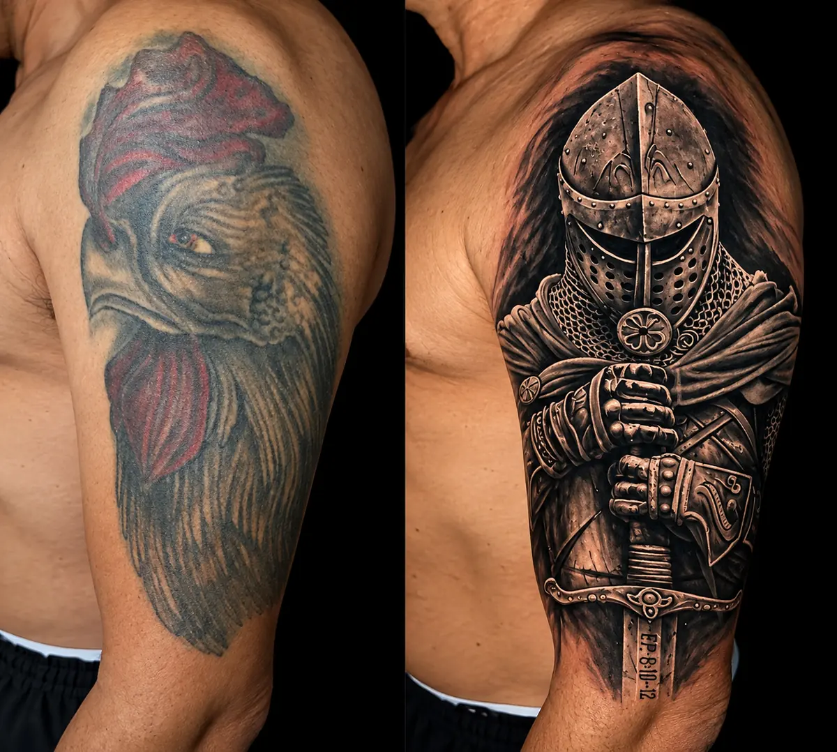 Cobertura no ombro: tatuagem antiga e desbotada coberta por cavaleiro medieval em realismo