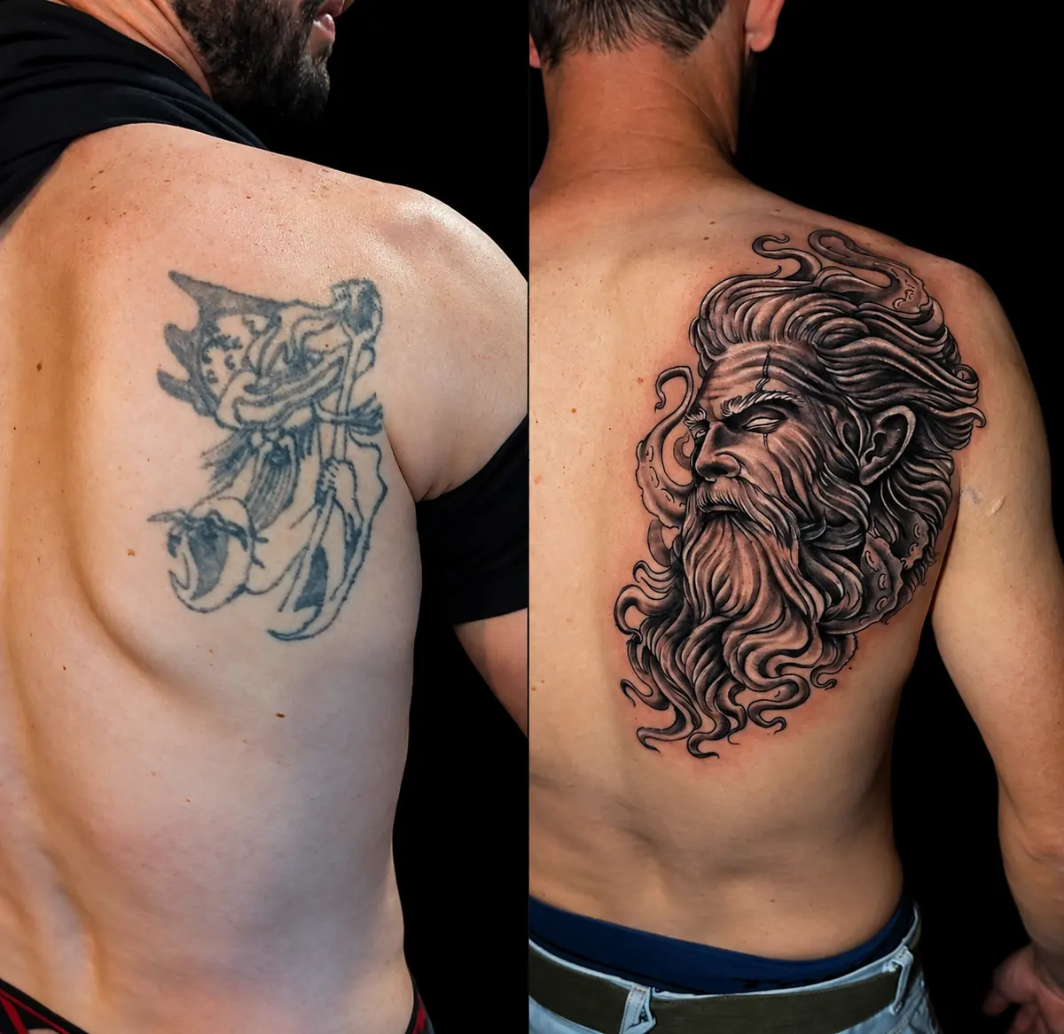 Cobertura nas costas: tatuagem antiga coberta por rosto de deus grego em realismo