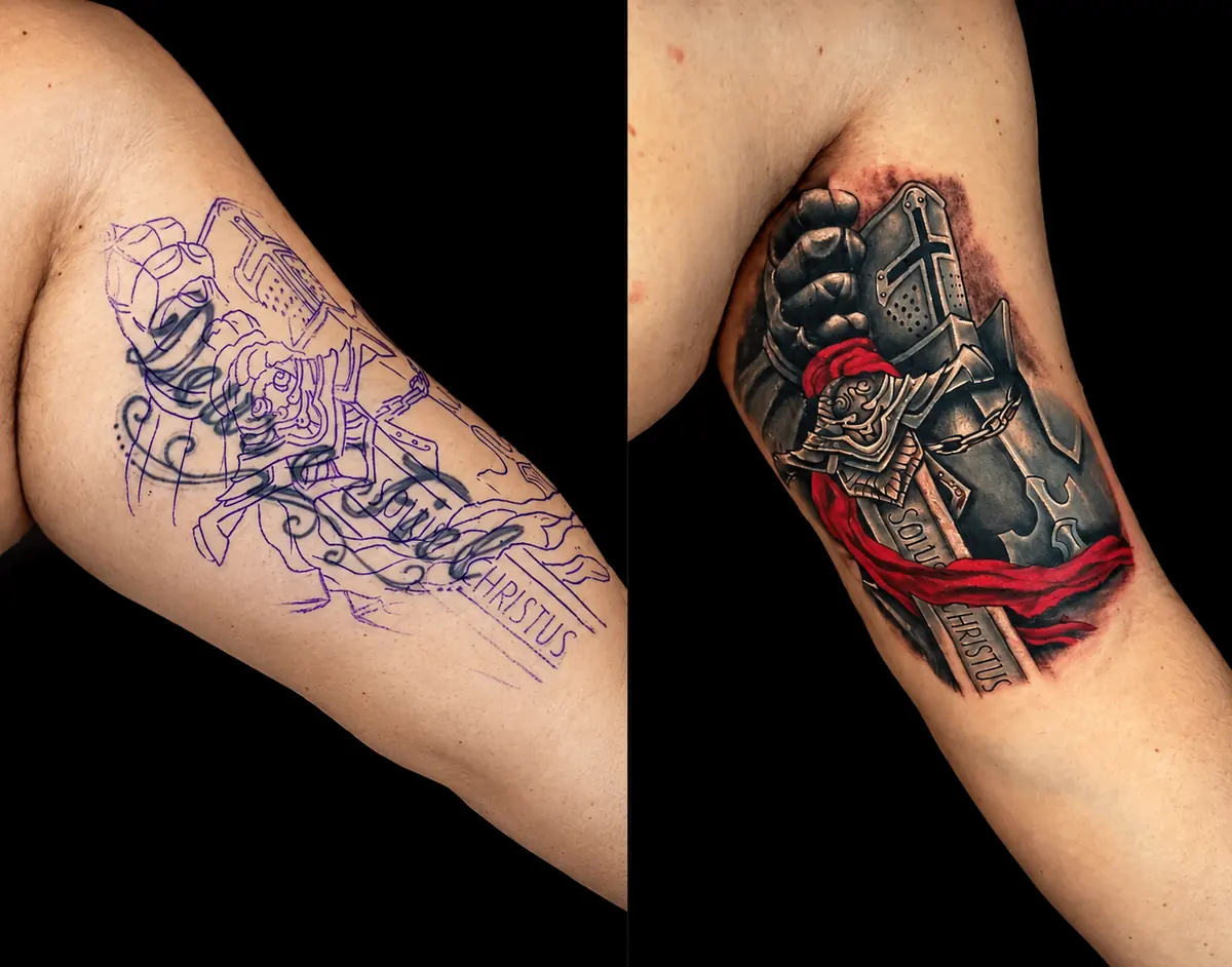 Braço: do estêncil à tatuagem pronta, punho de armadura em realismo com detalhes em vermelho