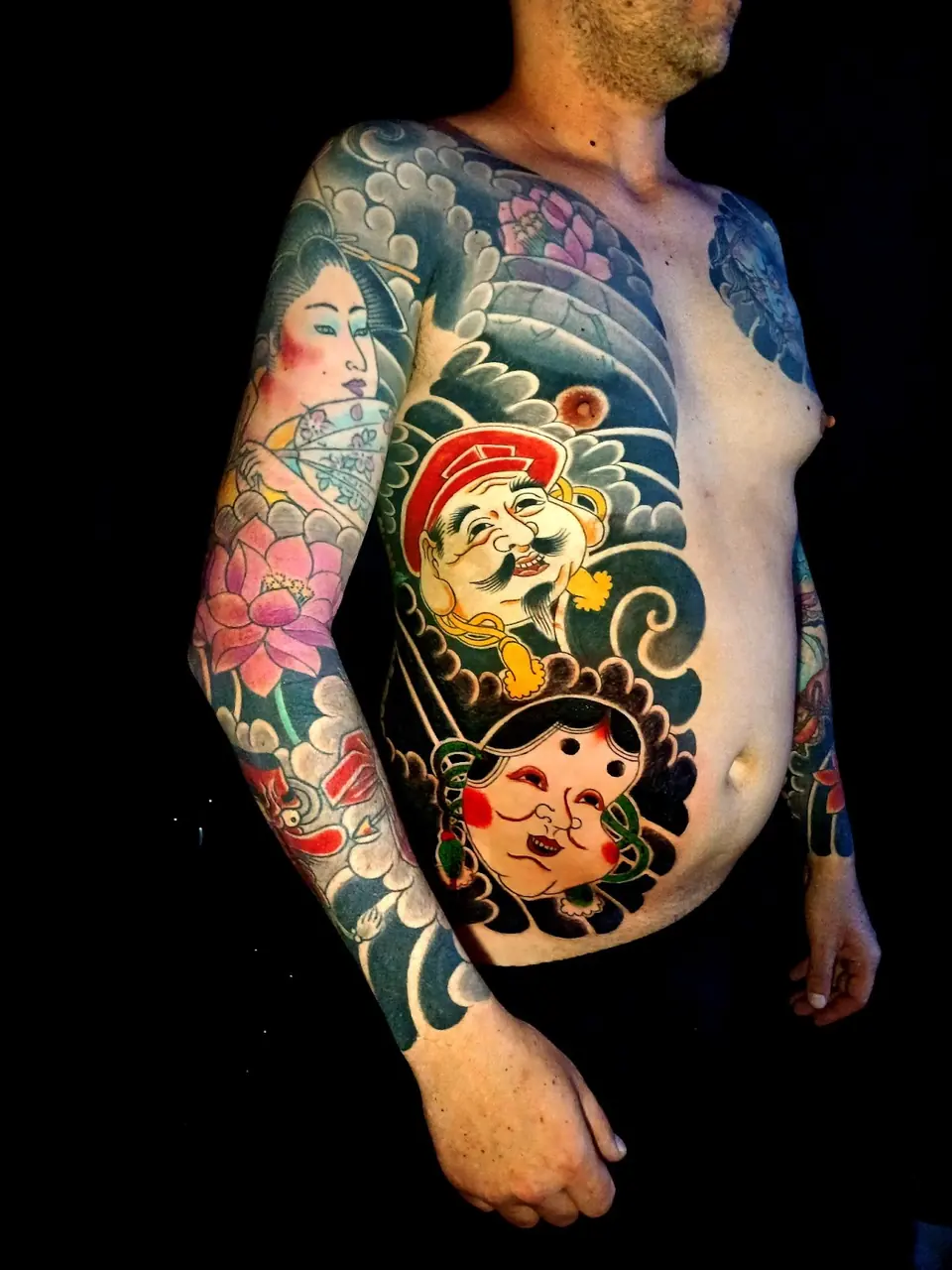 Bodysuit oriental completo, fechamento de tronco e braços